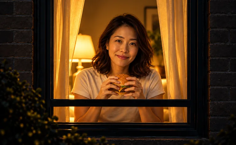 Fictional person holding a burger at a warmly lit apartment window at night