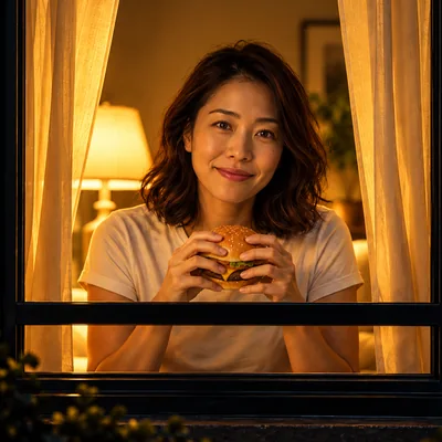 Fictional person holding a burger at a warmly lit apartment window at night